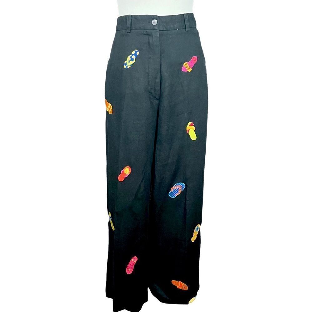 St Tropez West Black Linen Novelty Summer Shoe Print Pants 12